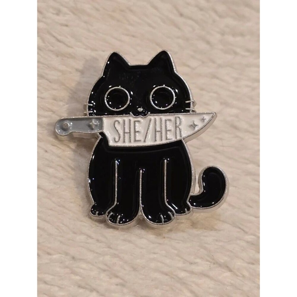 Cute Black Cat She/Her Enamel Pronoun Pin LGBTQ Pride Lapel Pin Kawaii Cat